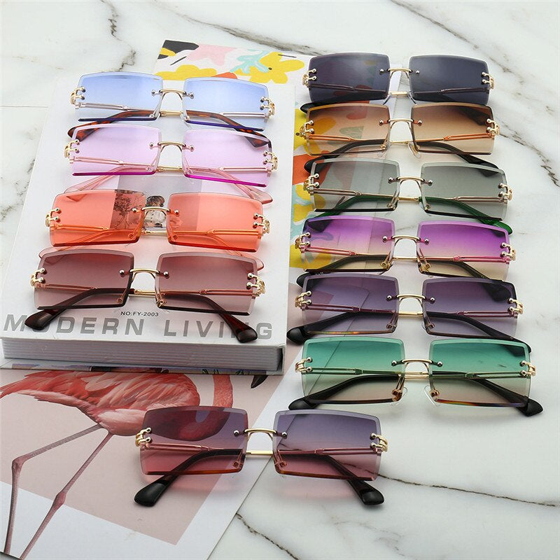 Fashion Rectangle Sunglasses Women Men Vintage Small Rimless Sun Glasses Trendy Mirror Frameless Square Glasses Men UV400 Shades