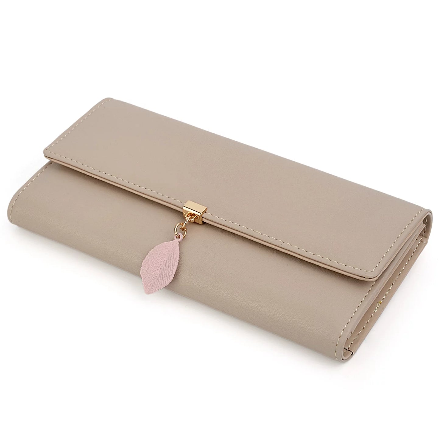 Womens Wallet PU Leather RFID Blocking Card Holder Elegant Zipper Coin Purse Leaf Pendant(Khaki)