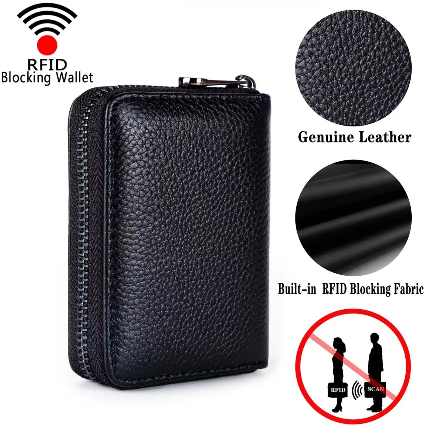 Genuine Leather RFID Blocking Wallet for Women Card Case Holder-Black