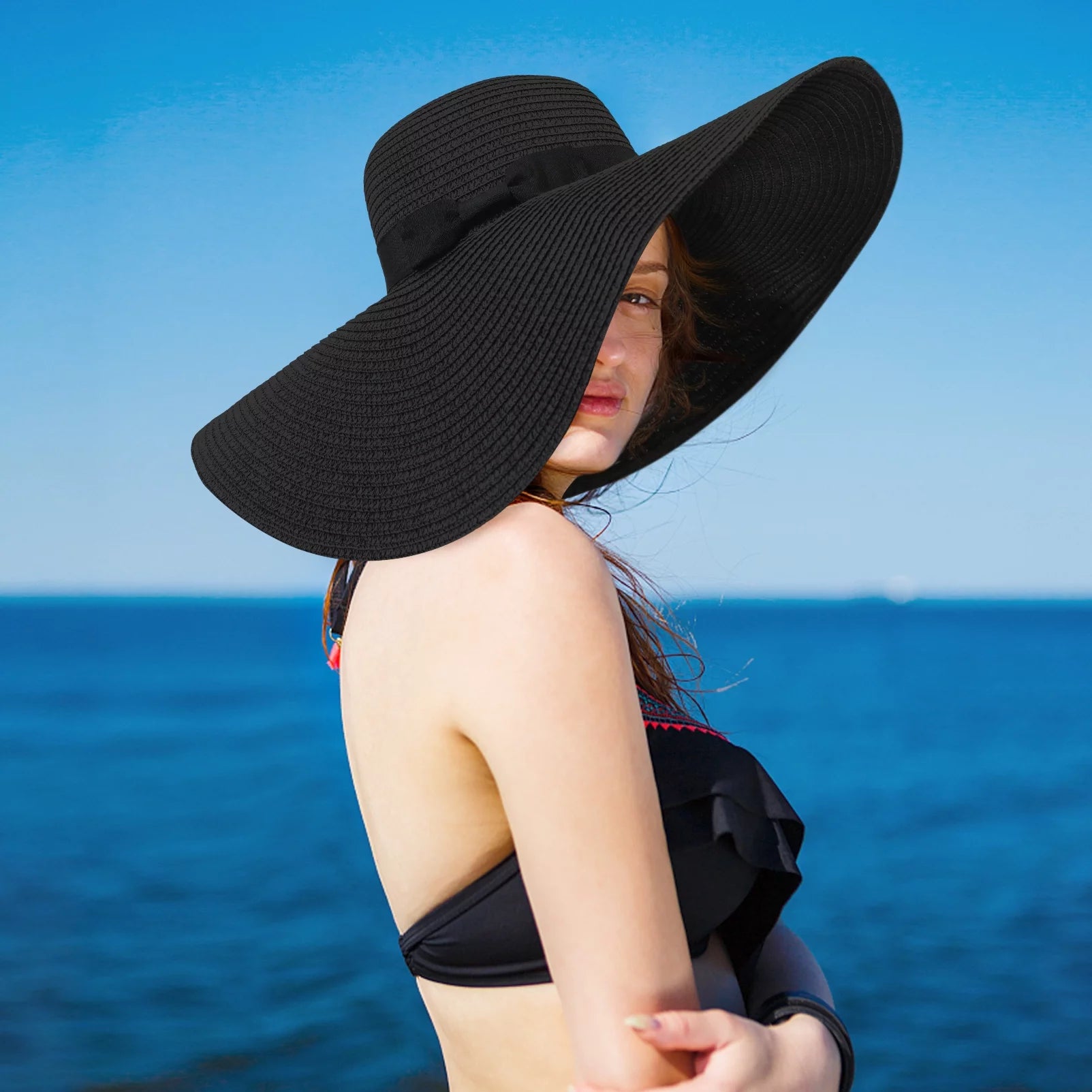 Sun Hats for Women Wide Brim Straw Embroidered Floppy Foldable UPF 50+ Beach Hats